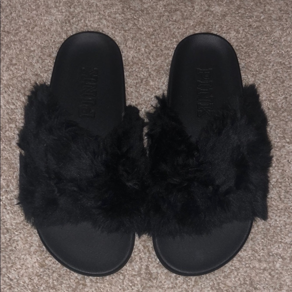 VS pink black fur slide sandals